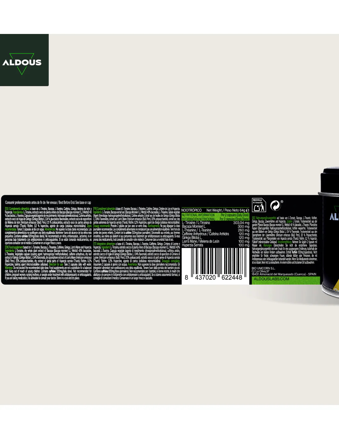 Aldous Nootrópico Natural con Ginkgo Biloba, Bacopa, Tirosina, Teanina - Image 3