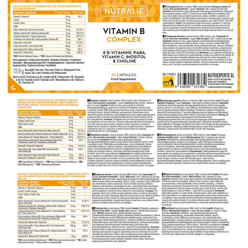 Nutralie Vitamina B Complex + Vit C + Colina + Inositol + PABA 90 cápsulas - Image 5